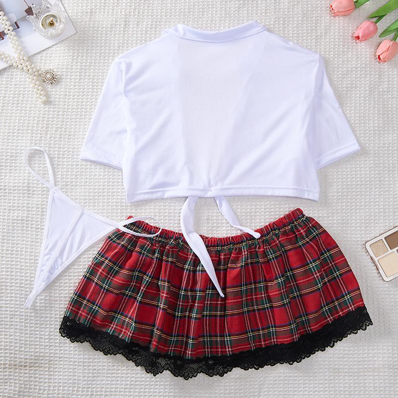 YOKO [White Red, Size S-XL] 3-piece Lingerie Set, Short Strappy Top, Red Plaid Skirt, Black Lace, Underwear