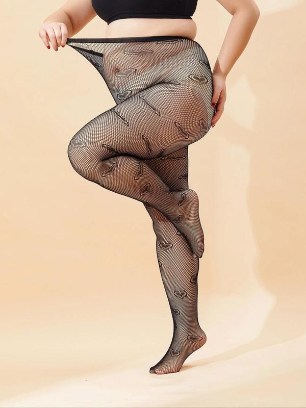 Women's Heart Print Tight-fitting Fishnet Tights, 1 Pair Plus Size Heart Pattern Mesh Pantyhose, Womenswear, High Stretch Stockings for Women, Casual Comfort Lady Underwear