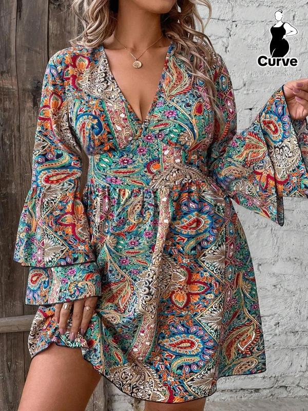  All Over Paisley Print Ruffle Trim Flounce Sleeve Dress, Boho Deep V Neck Long Sleeve A Line Dress for Vacation Holiday Wedding Guest, Women's Clothes for Fall & Winter, Dresses for Women Moo Moo Dresses