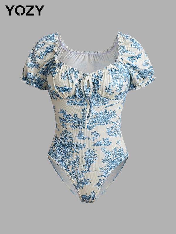 YOZY [3 colors] Ditsy Floral Print Frill Trim Puff Sleeve Bodysuit  Elegant Sweetheart Neck Short Sleeve Snap Button Crotch Bodysuit, 2024 Women's Summer Outfits for Daily Wear