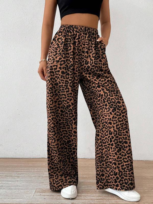Women's Leopard-print Wide Leg Pants, Fashion Elegant Comfy Trousers for Home Work Office, Ladies Bottoms for All Seasons