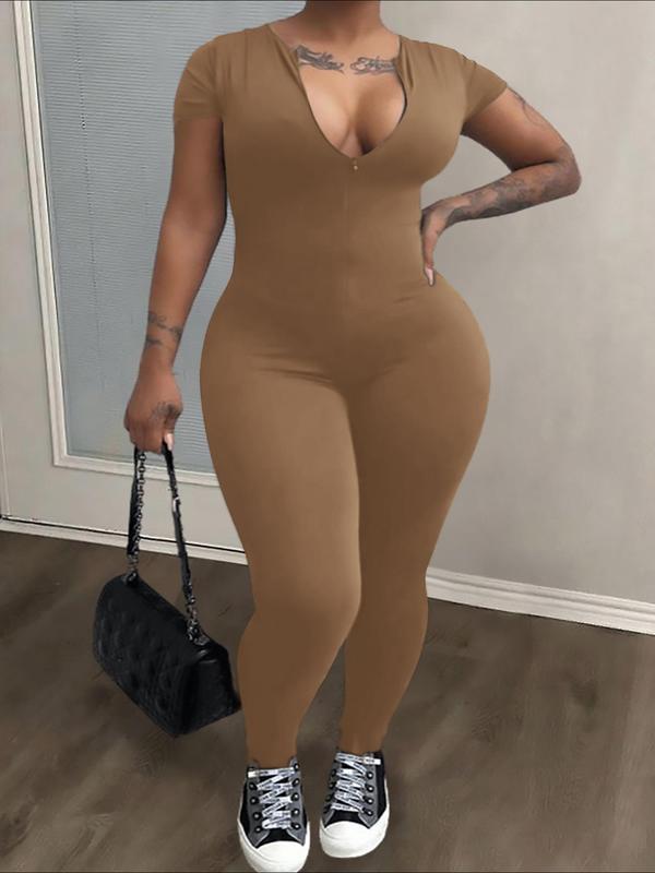  Solid Notched Neck Short Sleeve Skinny Jumpsuit, Jumpsuit for Women, One Piece Jumpsuit, Casual Comfort Jumpsuit for Summer, Lady's Clothes for Daily Wear