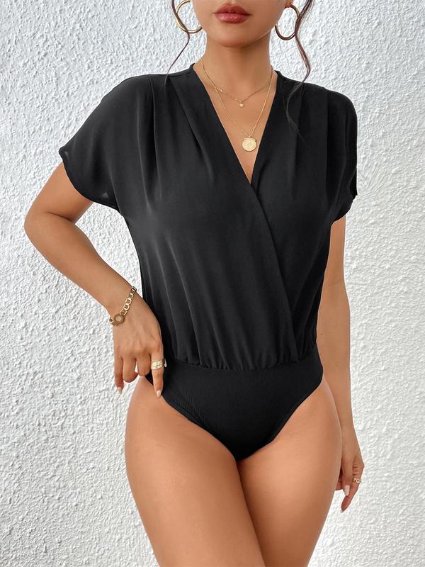 Women's Plain Wrap Batwing Sleeve Bodysuit, Elegant Deep V Neck Short Sleeve Bodysuit, Women's Summer Clothes for Daily Wear