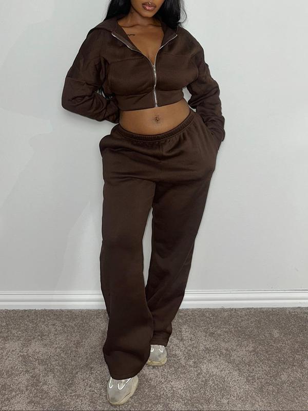 Women's Solid Zip Up Crop Hoodie & Elastic Waist Pants Two-piece Set, Casual Fashion Drop Shoulder Long Sleeve Top & Pocket Trousers for Daily Outdoor Wear, Women's Clothing for Fall & Winter Workout Sets Women