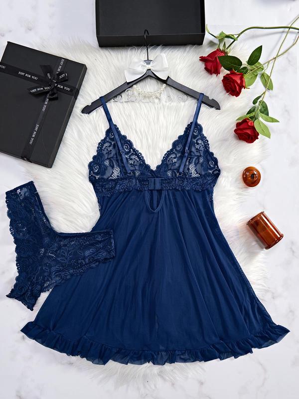 Women's Contrast Lace Bow Decor Sexy Lingerie Set, Romantic Ruffle Trim Split Cami Nightdress & Panty Set, Lingerie for Women, Ladies Nightwear & Sleepwear for All Seasons, Loungewear, Womenswear Homewear