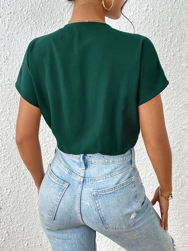 Women's Plain Wrap Batwing Sleeve Bodysuit, Elegant Deep V Neck Short Sleeve Bodysuit, Women's Summer Clothes for Daily Wear