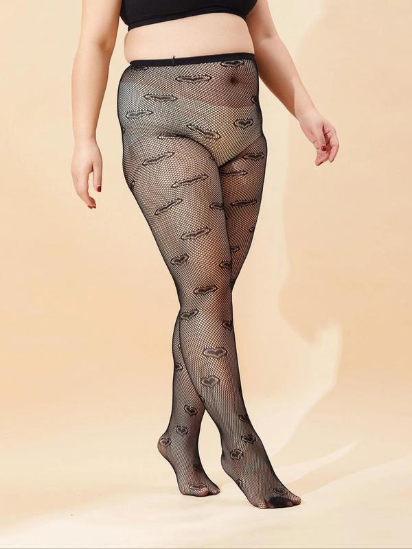 Women's Heart Print Tight-fitting Fishnet Tights, 1 Pair Plus Size Heart Pattern Mesh Pantyhose, Womenswear, High Stretch Stockings for Women, Casual Comfort Lady Underwear