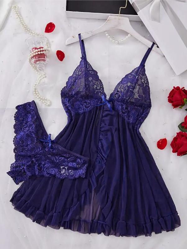 Women's Contrast Lace Ruffle Trim Wrap Cami Nightdress & Bow Front Panty Set, Adjustable Spaghetti Strap Backless Nightgown & Knicker Set, Underwear for Women, Purple Ladies ,2 Piece Sets Women