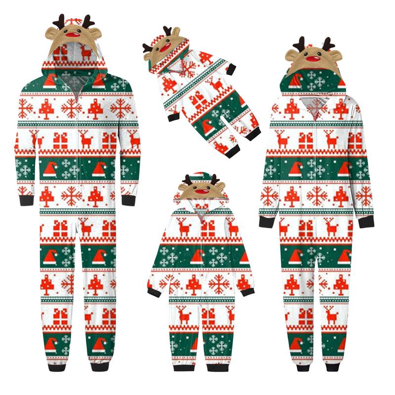 Family Christmas Pajamas, Long Sleeve Elk Christmas Tree Plaid Snowflake Print Hooded Jumpsuit Sleepwear