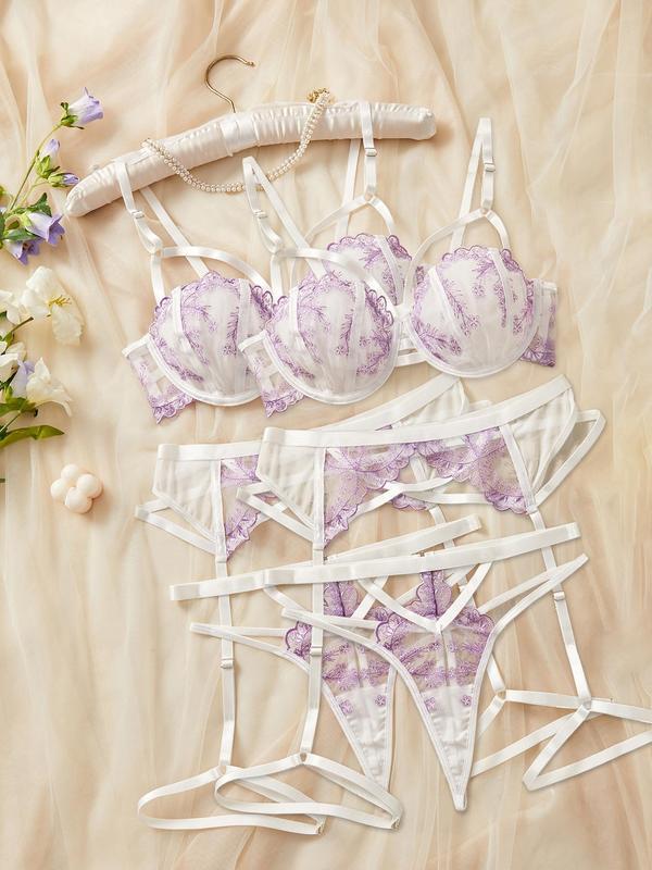 Women's Contrast Floral Lace Sheer Lingerie Set, Sexy Scallop Trim Bra & Thong & Garter Belt Set, Lingerie Set for Women