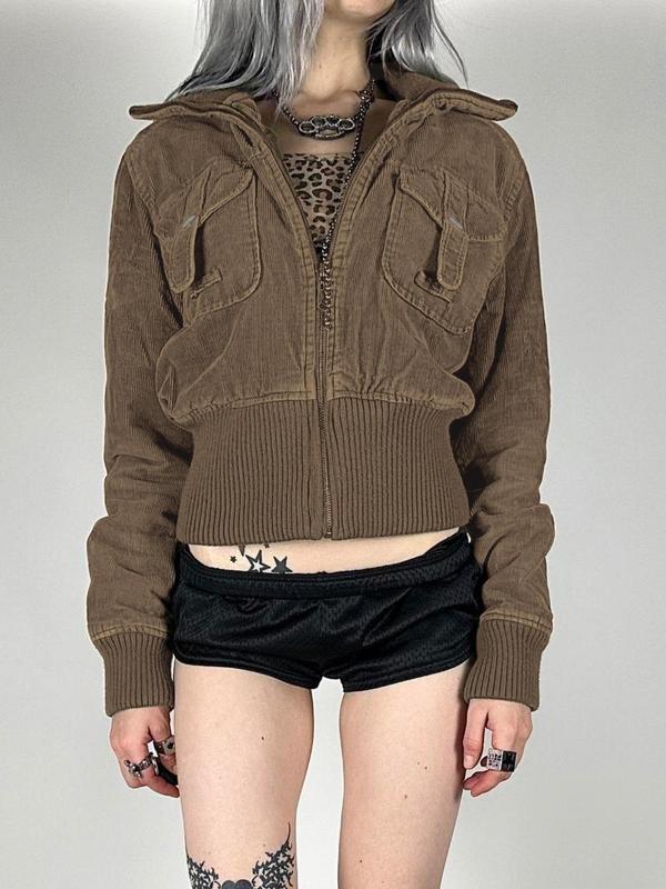 Women's Plain Pocket Corduroy Zip Up Jacket, Casual Long Sleeve Zip Front Outerwear for Fall & Winter, Women's Clothes for Daily Wear