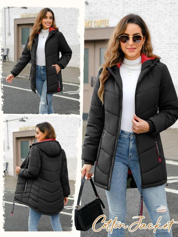 Women's Solid Drawstring Pocket Zip Up Hooded Quilted Jacket, Casual Tops, Long Sleeve Outerwear for Fall & Winter, Ladies Clothes for Daily Wear