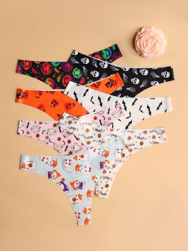 Women's Graphic Print Seamless Thong, Soft Comfy Breathable Halloween Drop Waist Panties for Fall Daily Wear, Fall Underwear for Women, Women's Underwear for All Seasons, Black Girl Wear