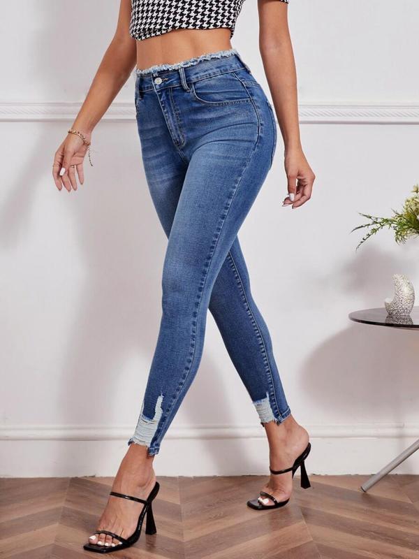 Vintage Women's Plain Ripped Button Pocket Skinny Jeans, Fashion Casual Comfort Raw Hem Denim Trouser for Daily Outdoor Wear, Ladies Bottoms for All Seasons, Womenswear
