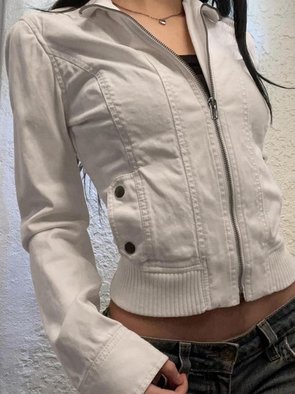 Women's Solid Button Zip Up Jacket, Casual Tops, Long Sleeve Stand Collar Outerwear for Daily Wear, Ladies Clothes for All Seasons