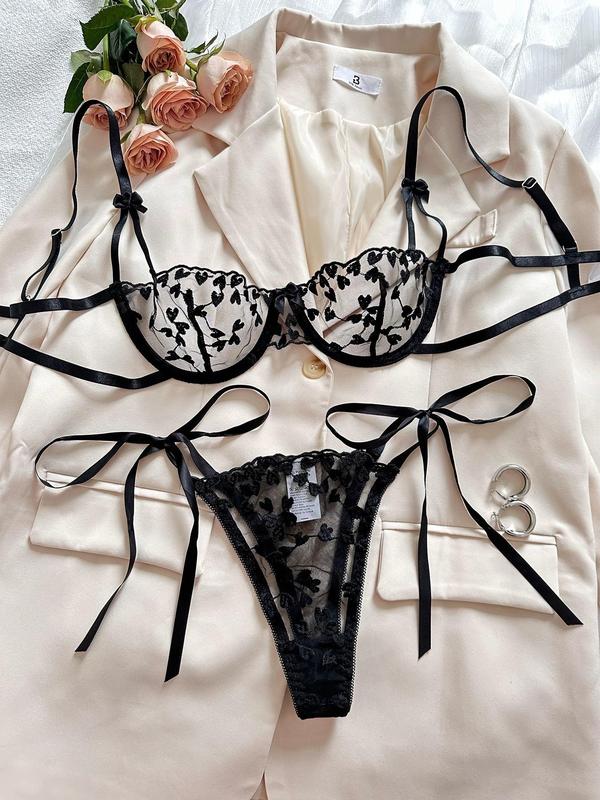 Women's Heart Embroidery Sheer Tulle Sexy Lingerie Set, Adjustable Strap Bra & Thong Set, Soft Comfy Breathable Lingerie Set for Women