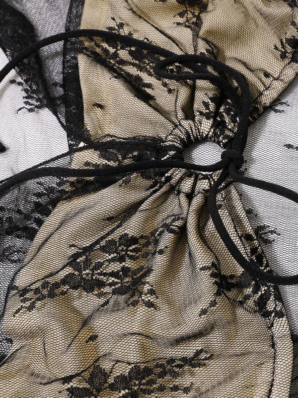 Women's Ditsy Floral Lace Sheer Lettuce Trim Crop Cami Top, 2000s Y2K Asymmetrical Hem Drawstring Tie Front Top, Ladies Clothes for Summer