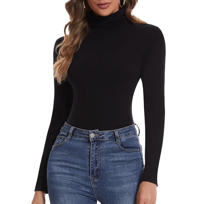 Women's Plain Mock Neck Turtleneck Long Sleeve Tee Shirt Tops, Base Layer Stretch Soft Thermal Underwear Tops, Casual Comfy Warm Fall Winter Clothes