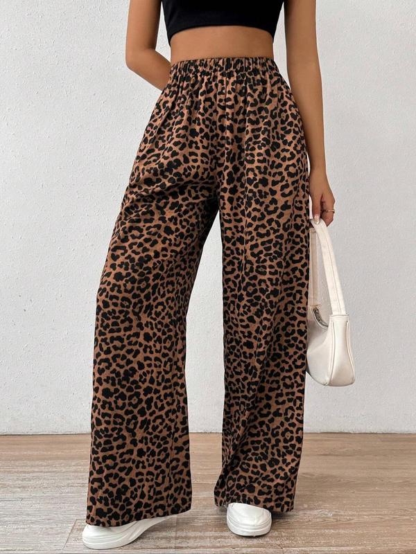 Women's Leopard-print Wide Leg Pants, Fashion Elegant Comfy Trousers for Home Work Office, Ladies Bottoms for All Seasons