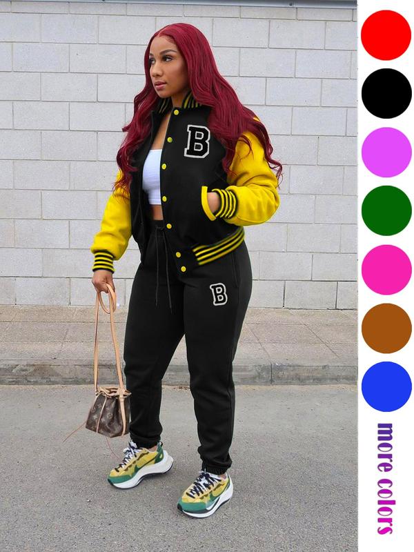 Women's Colorblock Letter Patched Pocket Co-ord Two-piece Set, Back To School Outfits, Casual Button Front Bomber Jacket & Drawstring Waist Jogger Pants Set, Fall Clothes, Ladies Fall & Winter Clothes, Birthday Gifts