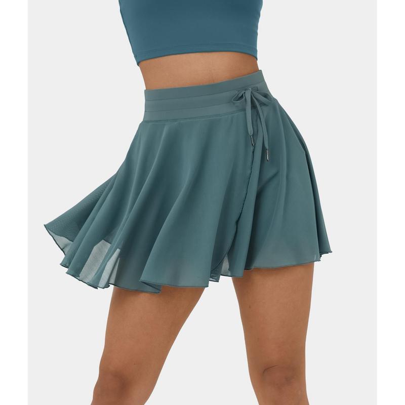 Halara High Waisted Drawstring Contrast Mesh 2-in-1 Side Pocket Flowy Mini Flare Casual Skirt