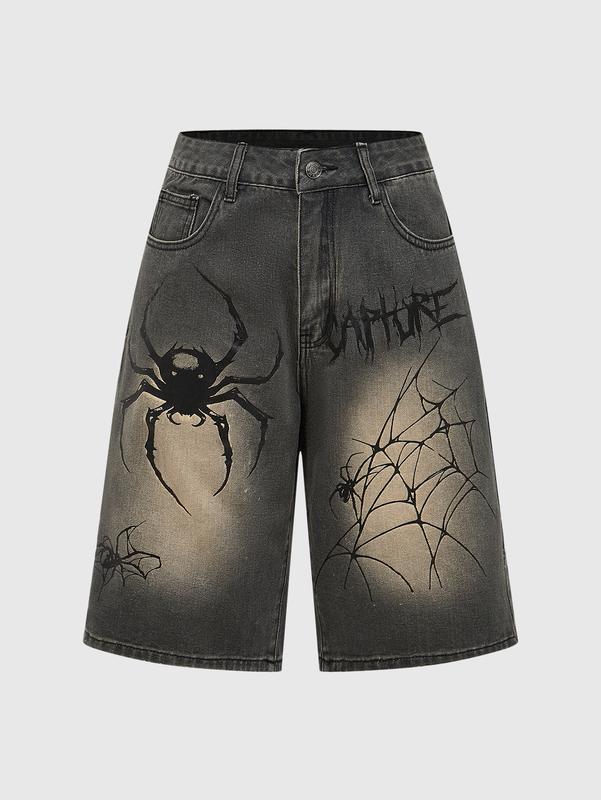 ROMWE Goth Ladies Distressed Spider Letter Print Casual Denim Shorts For Spring And Summer