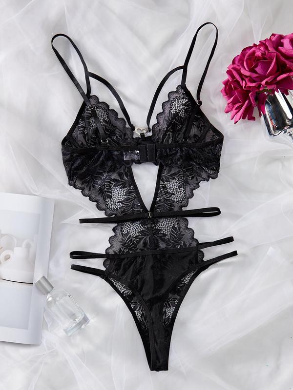 Women's Solid Cut Out Sheer Lace Lingerie Bodysuit, Sexy Breathable Spaghetti Strap Push Up Bodysuit for Daily Wear, Summer Nightwear, Sexy Lingeries for All Seasons, Fall Wear 2024 Birthday Wear Black Girl