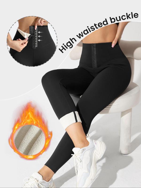 Women's Solid High Waist Thermal Lined Leggings, Casual Comfy Hook & Eye Front Warm Skinny Pants for Daily Wear, Ladies Bottoms for Fall & Winter