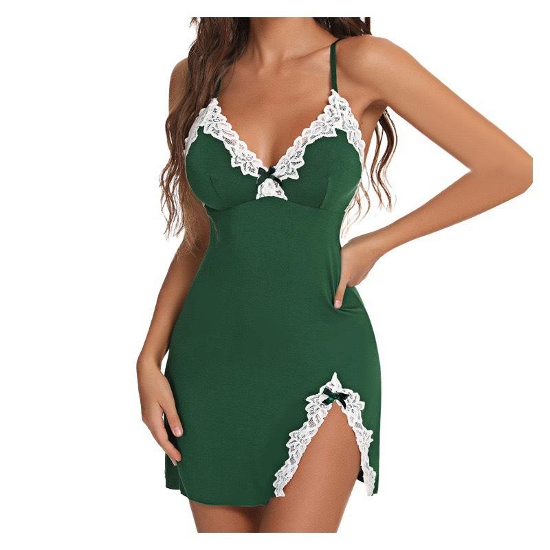 Plus Size Sexy Lingerie Push up Sexy Deep V Bow Side Stit Slim Fit Slip Nightdress Suit Fabric Women