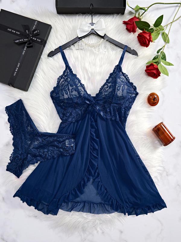 Women's Contrast Lace Bow Decor Sexy Lingerie Set, Romantic Ruffle Trim Split Cami Nightdress & Panty Set, Lingerie for Women, Ladies Nightwear & Sleepwear for All Seasons, Loungewear, Womenswear Homewear