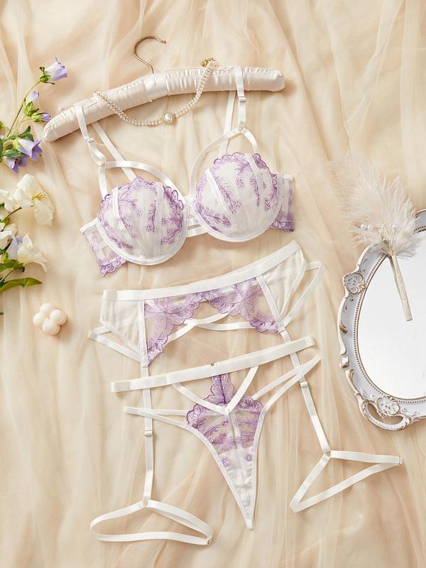 Women's Contrast Floral Lace Sheer Lingerie Set, Sexy Scallop Trim Bra & Thong & Garter Belt Set, Lingerie Set for Women