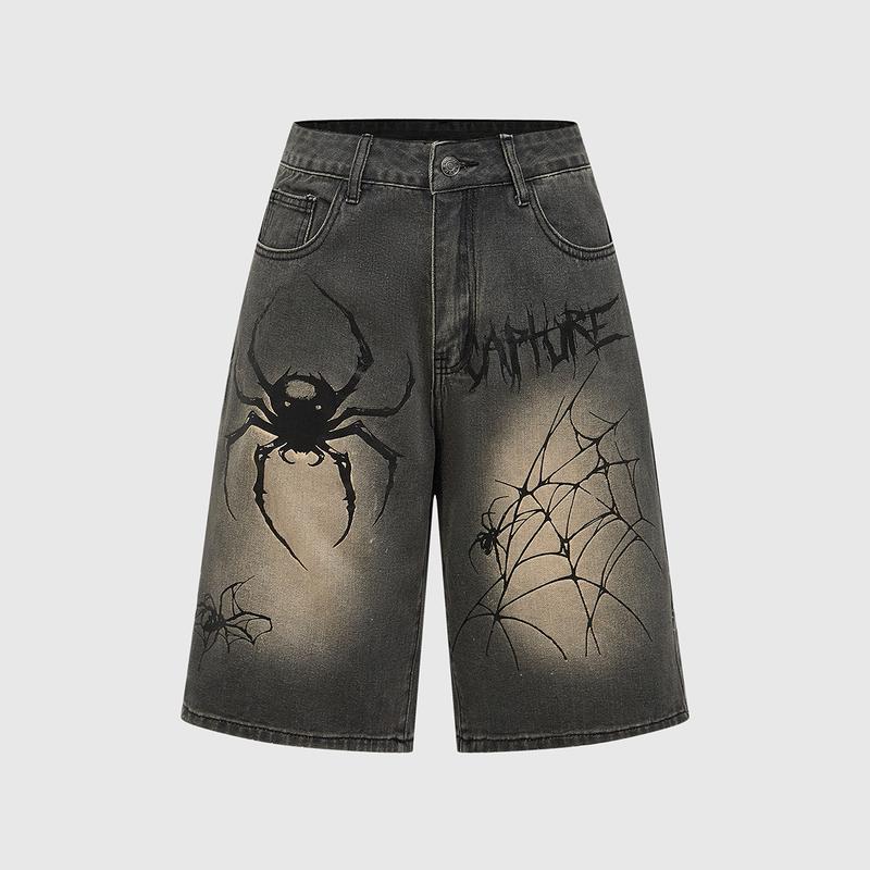 ROMWE Goth Ladies Distressed Spider Letter Print Casual Denim Shorts For Spring And Summer