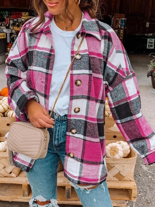 Women's Plaid Print Button Front Drop Shoulder Coat, Casual Long Sleeve Collared Outerwear for Fall & Winter, Ladies Clothes for Daily Wear