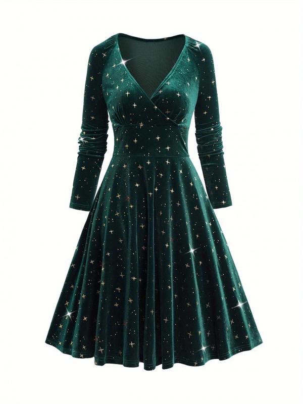 Women's All Over Star Print Wrap Velvet Dress, Elegant Raglan Sleeve V Neck Midi Dress for Party Holiday Wedding Guest, Ladies Fall & Winter Clothes