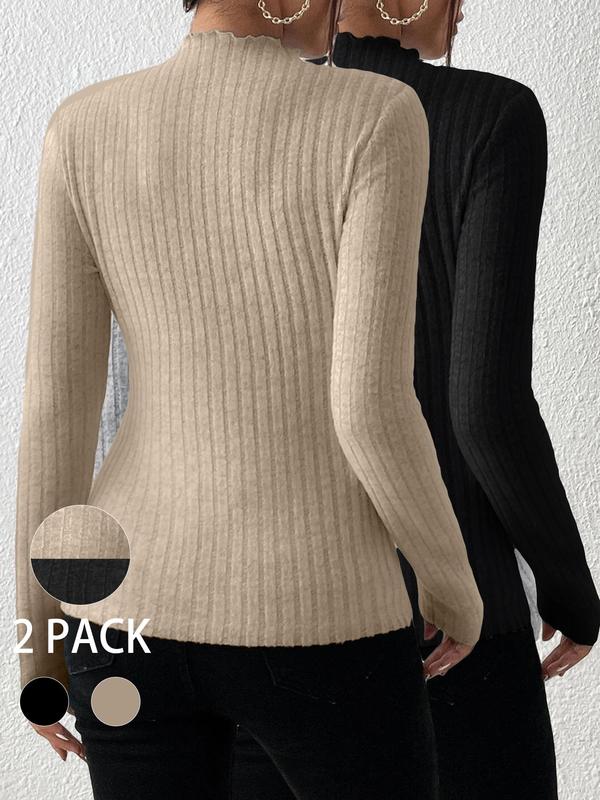 Women's Solid Lettuce Trim Mock Neck Ribbed Skinny Tee, Casual Long Sleeve T-shirt for Spring & Fall, Fashion Women's Knitwear for Daily Wear