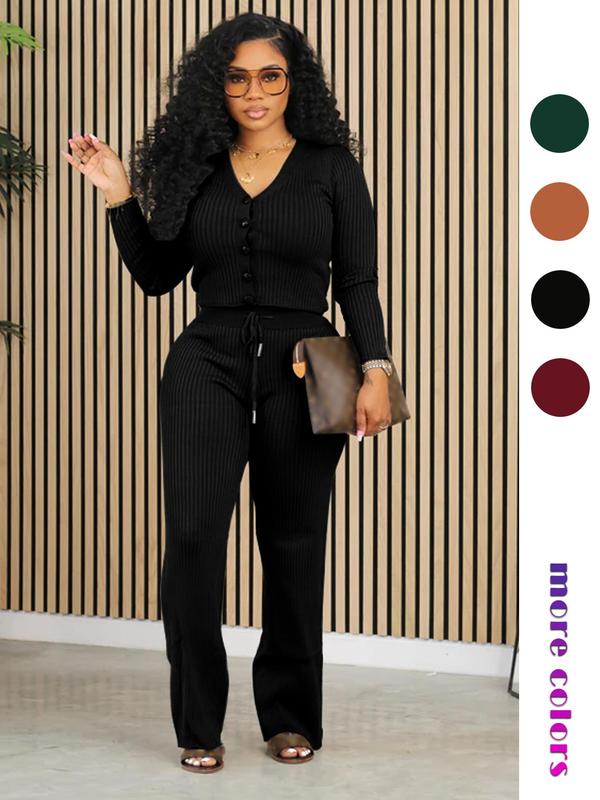 Women's Plain Button Front V Neck Top & Drawstring Waist Pants Set, Two Piece Sets, Fall 2 Piece Set Women Wear, Long Sleeve Top & Elastic Waist Trousers Co-ord Sets Downtown Girl Clothes