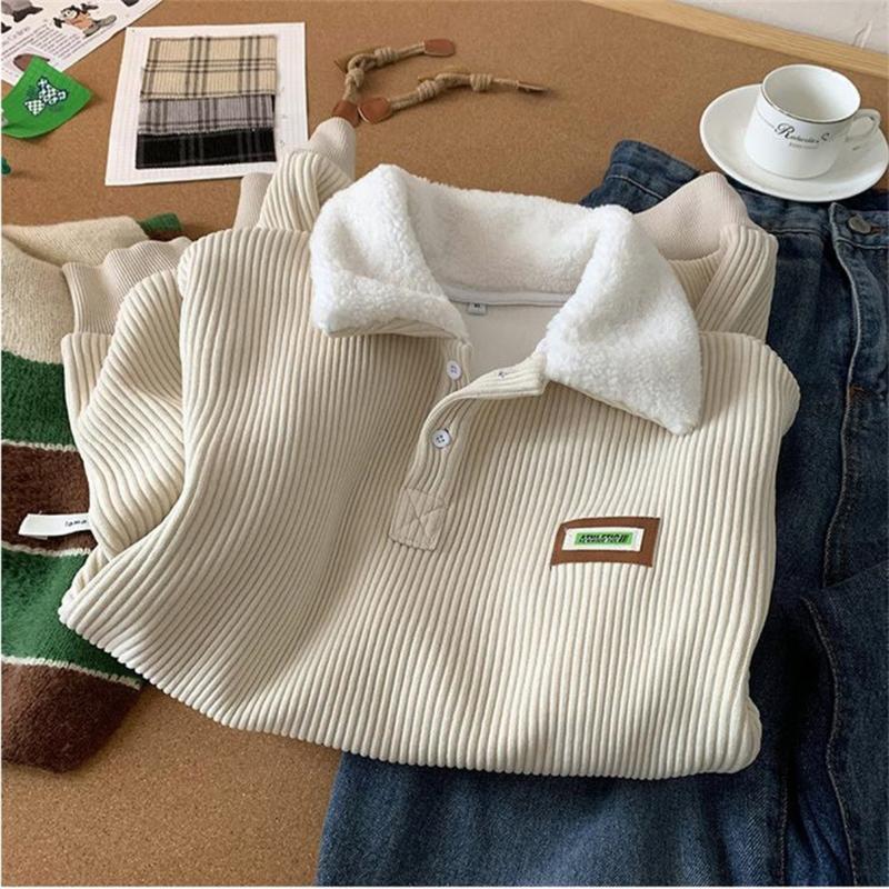 2024 Corduroy Polo sweater couple autumn and winter style plus velvet thickened simple fashion lamb wool coat Hoodie Tops Lady Comfort Loose Collar