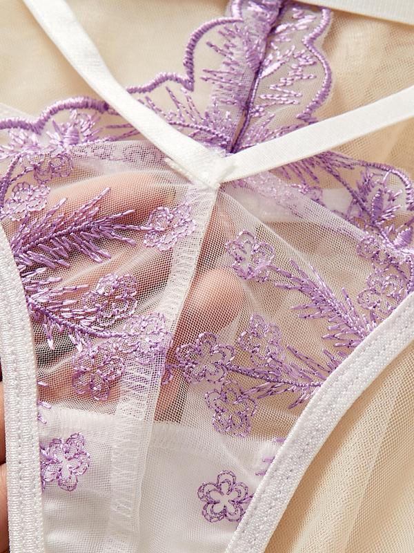 Women's Contrast Floral Lace Sheer Lingerie Set, Sexy Scallop Trim Bra & Thong & Garter Belt Set, Lingerie Set for Women