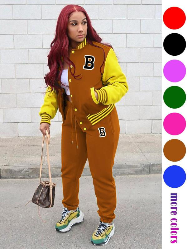 Women's Colorblock Letter Patched Pocket Co-ord Two-piece Set, Back To School Outfits, Casual Button Front Bomber Jacket & Drawstring Waist Jogger Pants Set, Fall Clothes, Ladies Fall & Winter Clothes, Birthday Gifts