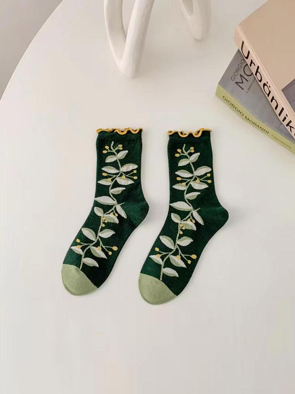 Women's Vintage Floral Print Crew Socks, Fashion Casual Comfy Breathable Socks, Women Socks for All Seasons Daily Wear