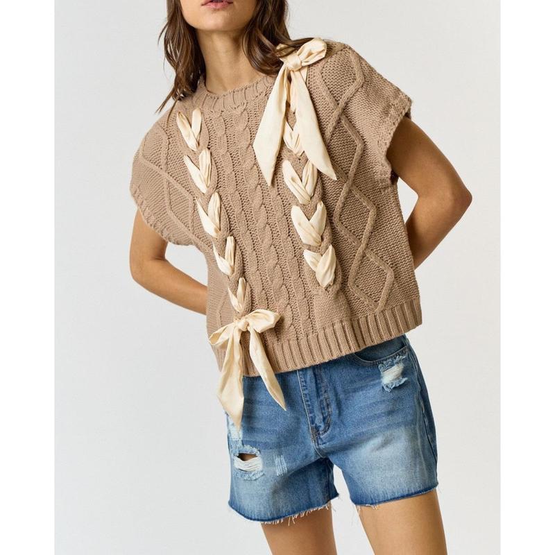 Women Sleeveless Mock Neck Sweater Cap Sleeve Ribbon Knit Vest Cute Lace Up Crochet Preppy Pullover Top
