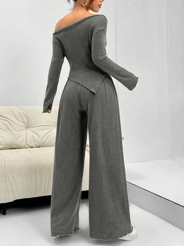 Women's Solid Off Shoulder Asymmetrical Tee & Elastic Waist Pants Two-piece Set, Casual Fashion Cozy Long Sleeve Ribbed Top & Lettuce Trim Trousers for Daily Outdoor Wear, Matching Sets, Women's 2 Piece Co Ord Sets for Spring & Fall
