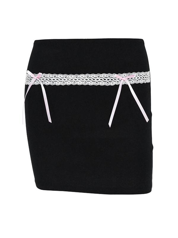 Women's Contrast Lace Bow Decor Skirt, Solid Color Mini Skirt for Party Club Dating, Ladies Summer Clothes