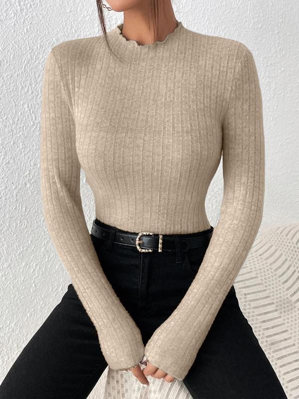 Women's Solid Lettuce Trim Mock Neck Ribbed Skinny Tee, Casual Long Sleeve T-shirt for Spring & Fall, Fashion Women's Knitwear for Daily Wear