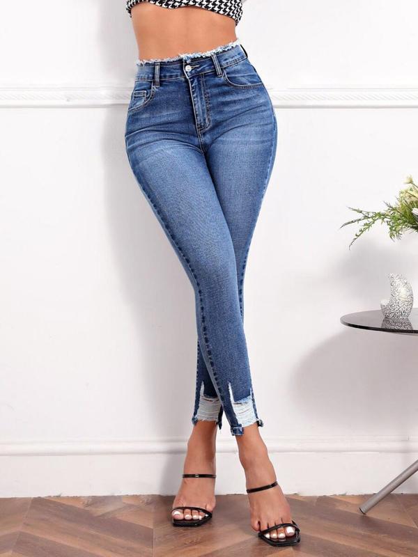 Vintage Women's Plain Ripped Button Pocket Skinny Jeans, Fashion Casual Comfort Raw Hem Denim Trouser for Daily Outdoor Wear, Ladies Bottoms for All Seasons, Womenswear