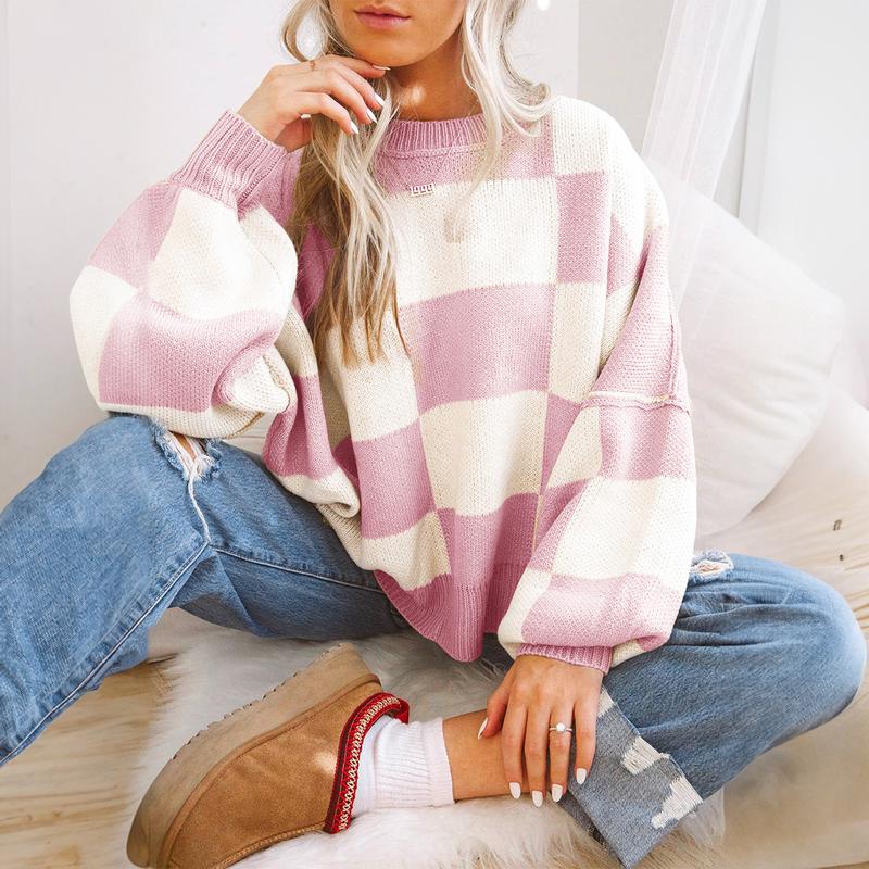 Women Checkered Bishop Sleeve Color Blocked Knitting Sweater, Casual Comfort Fit Casual Wear Round Neck checker Pullover sweater