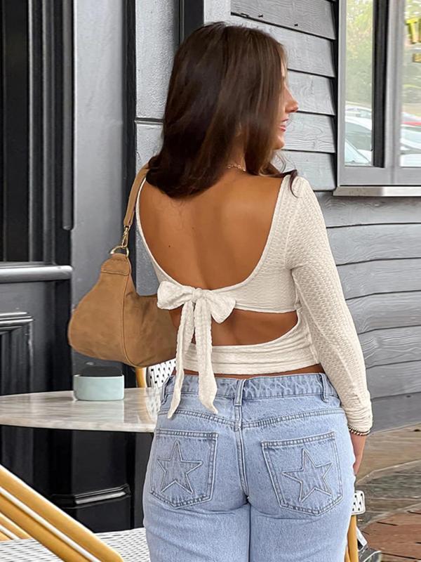 Women's Plain Cut Out Backless Crop Tee, Casual Scoop Neck Long Sleeve Top for Fall, Fashion Women's Knitwear for Daily Wear