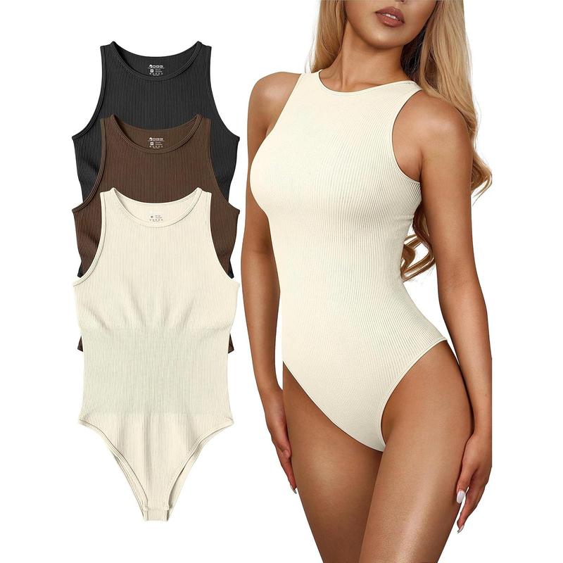 Women's 3 Piece Bodysuits Sexy Ribbed One Piece Sleeveless Halter Neck Bodysuits