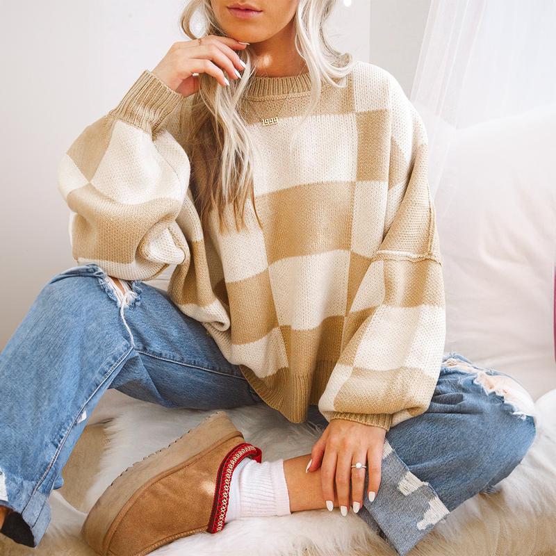 Women Checkered Bishop Sleeve Color Blocked Knitting Sweater, Casual Comfort Fit Casual Wear Round Neck checker Pullover sweater