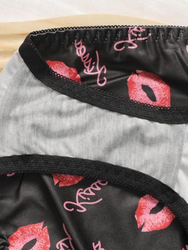 Two-Piece Set Women's Letter Lip Print Contrast Lace Push Up Bra & Panty Set, Comfy Adjustable Strap Lingerie Set For Daily Wear, Women's Two-Piece Underwear Set For All Seasons